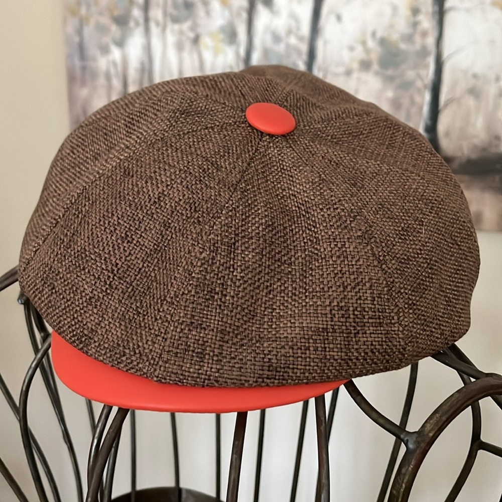 Authentic Linen Tweed Peaky Blinders Newsboy Cap Bright Color Orange Bill Button - Picture 2 of 11